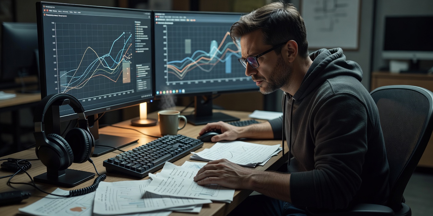 Analyst reviewing a chart and match notes beside a headset and keyboard