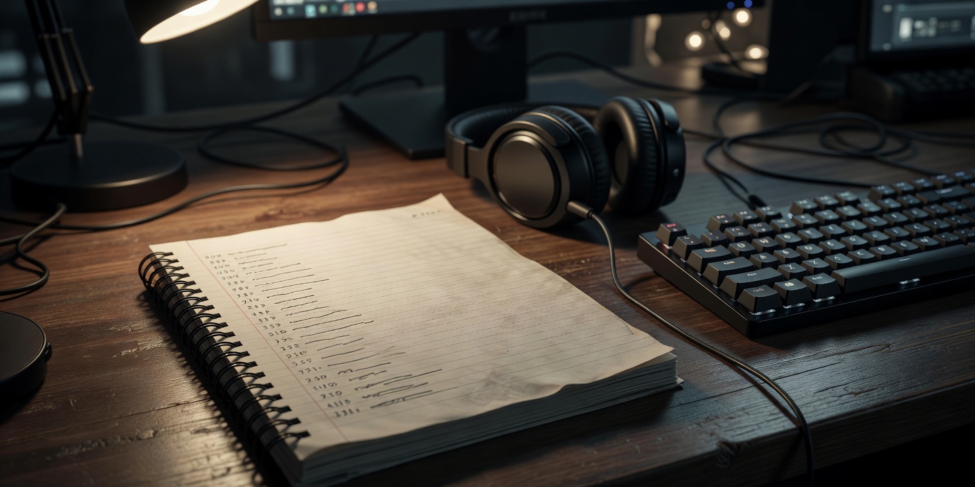 Notebook with replay timestamps beside a headset and keyboard