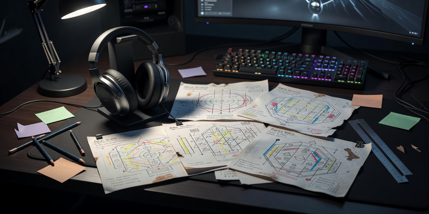 Headset and layered strategy notes prepared on a desk before competition