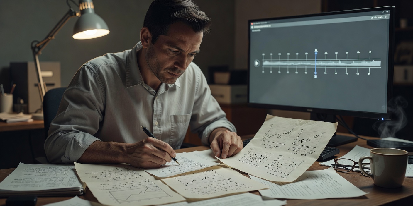 Close-up of an analyst comparing handwritten tendency notes with a replay timeline